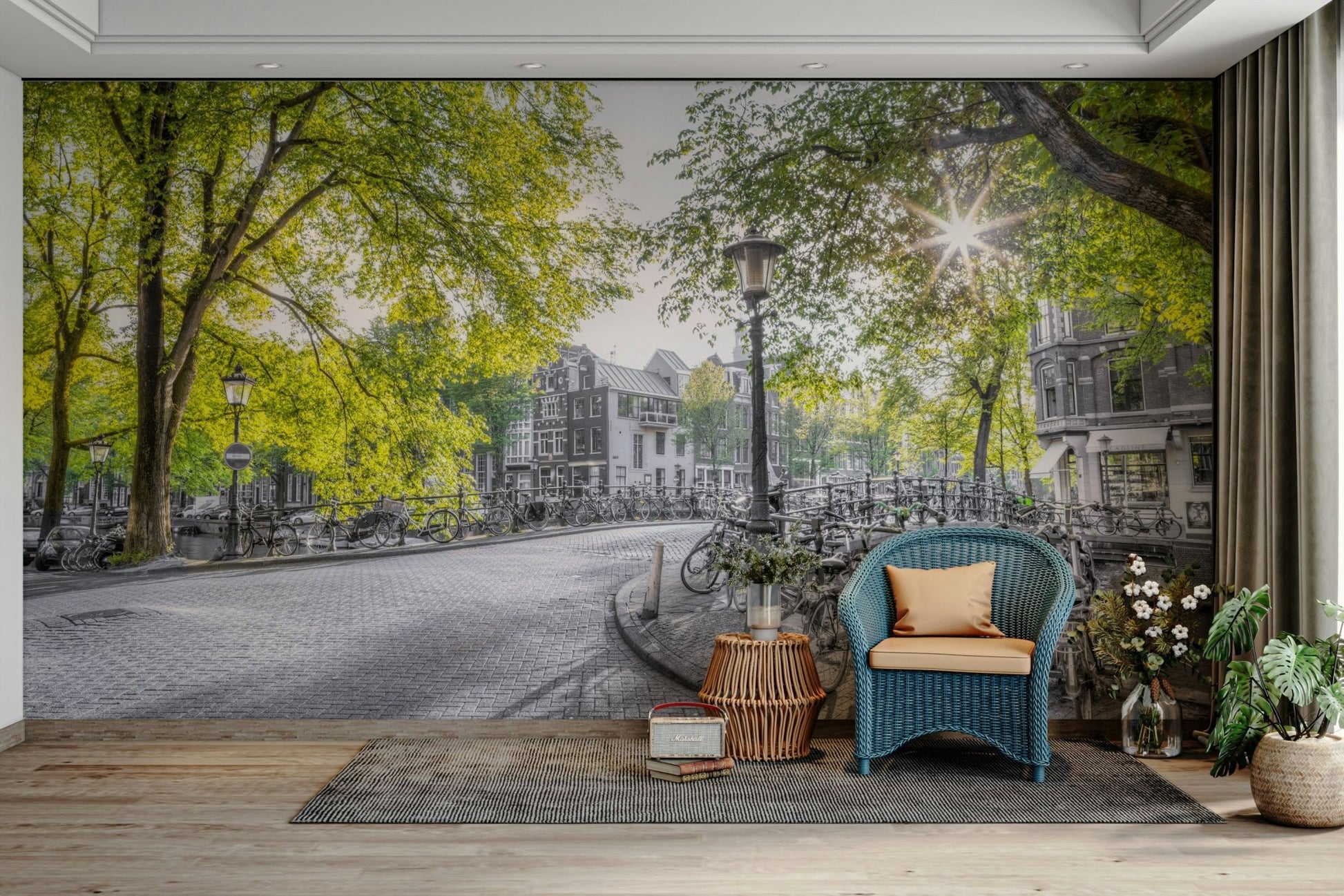 The sun shines brightly through the leaves, creating a starburst effect.

