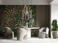 Wall mural depicting exotic Strelitzia flowers amidst lush green garden foliage.
