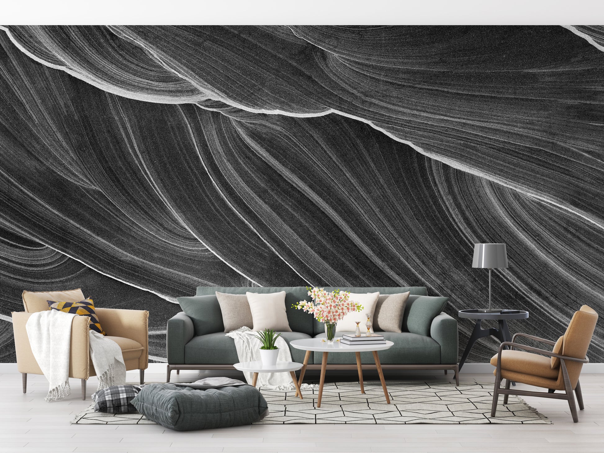 Black and White Wavy Marble Wallpaper Mural - Giffywalls