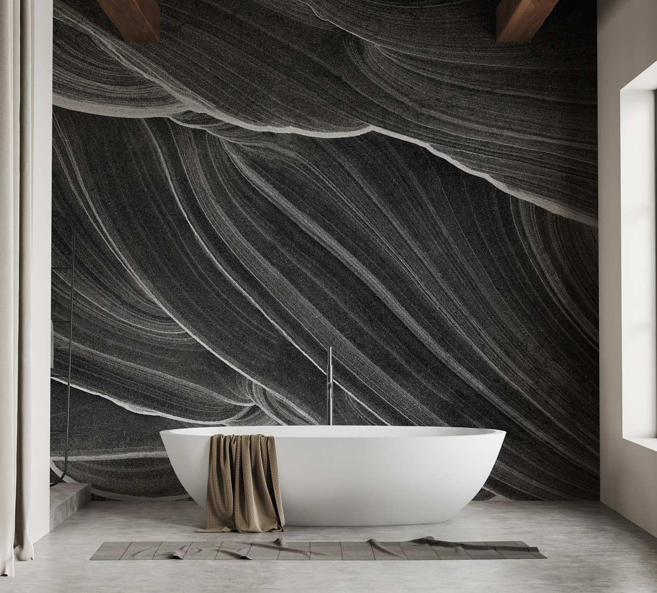 Black and white wavy marble wall design
