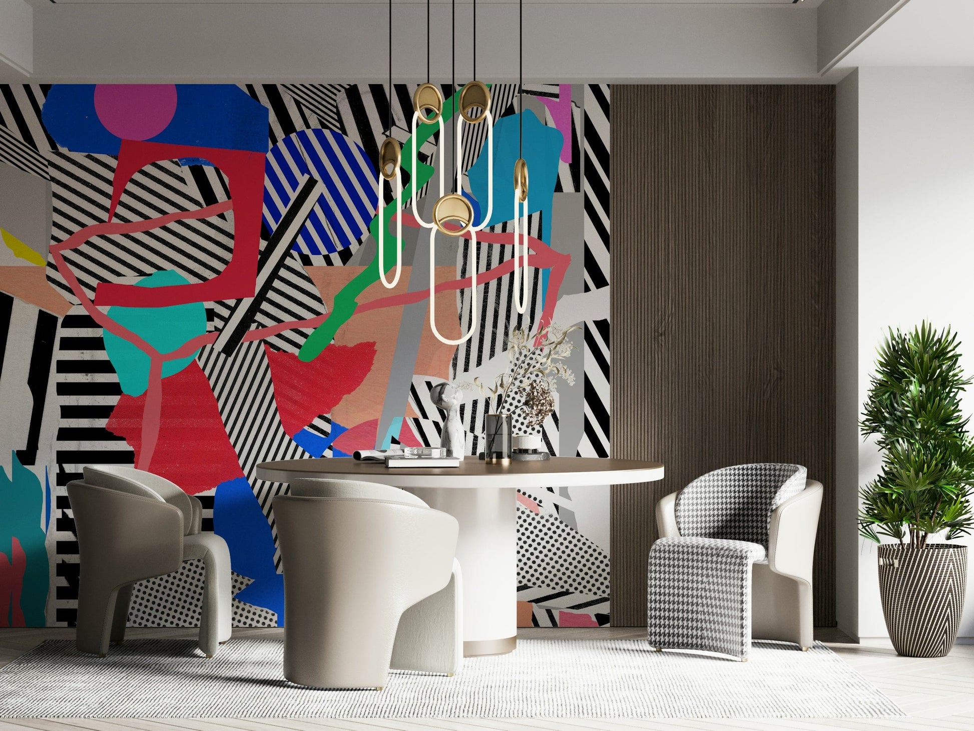 A peaceful modern abstract mural on decorative wallpaper.