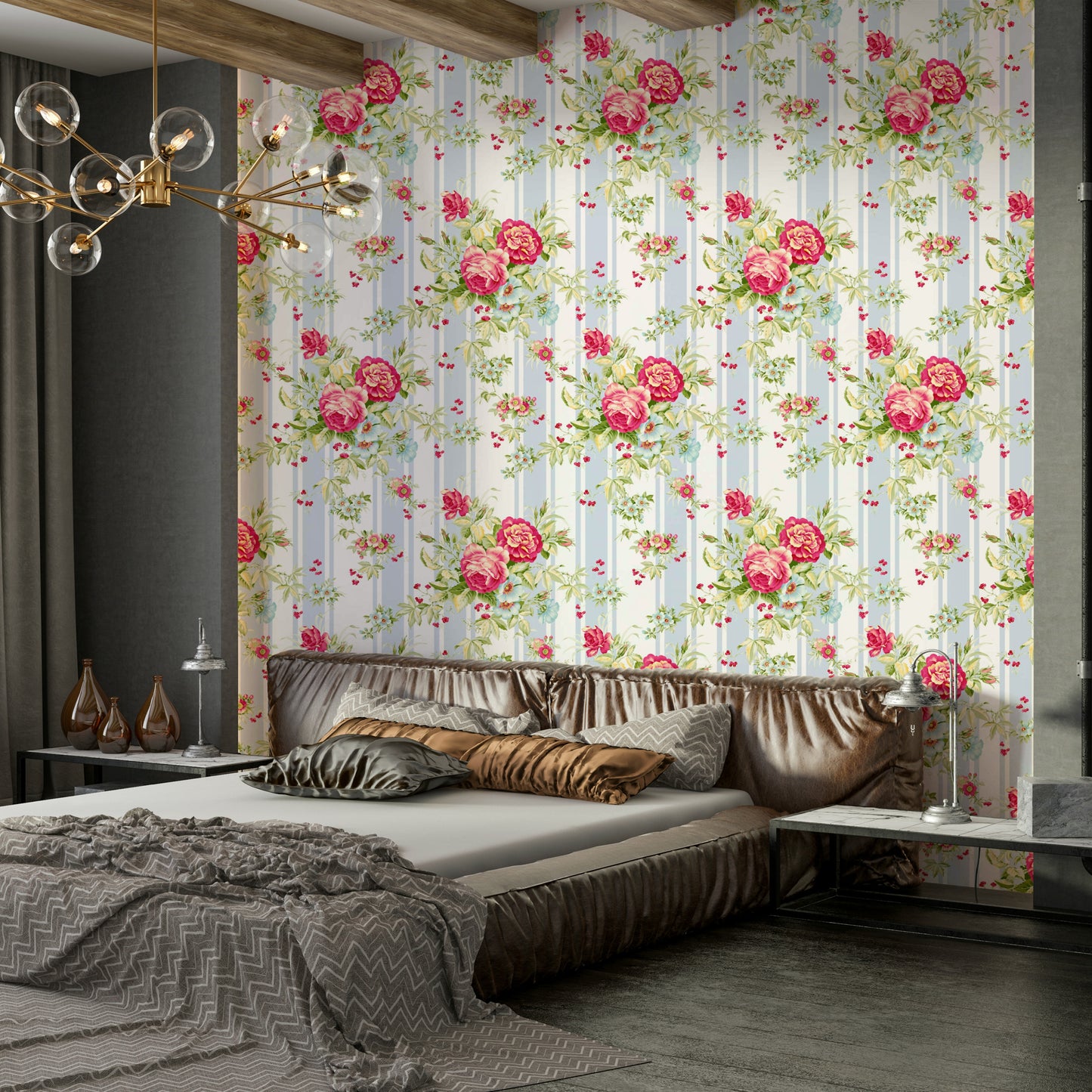 Striped Rose Garden Wallpaper with blush and cream floral accents.

