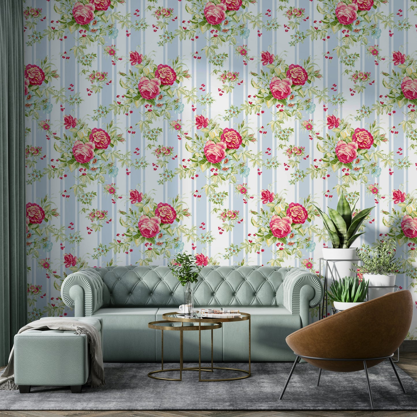 Striped floral wallpaper for timeless and graceful interior decor.

