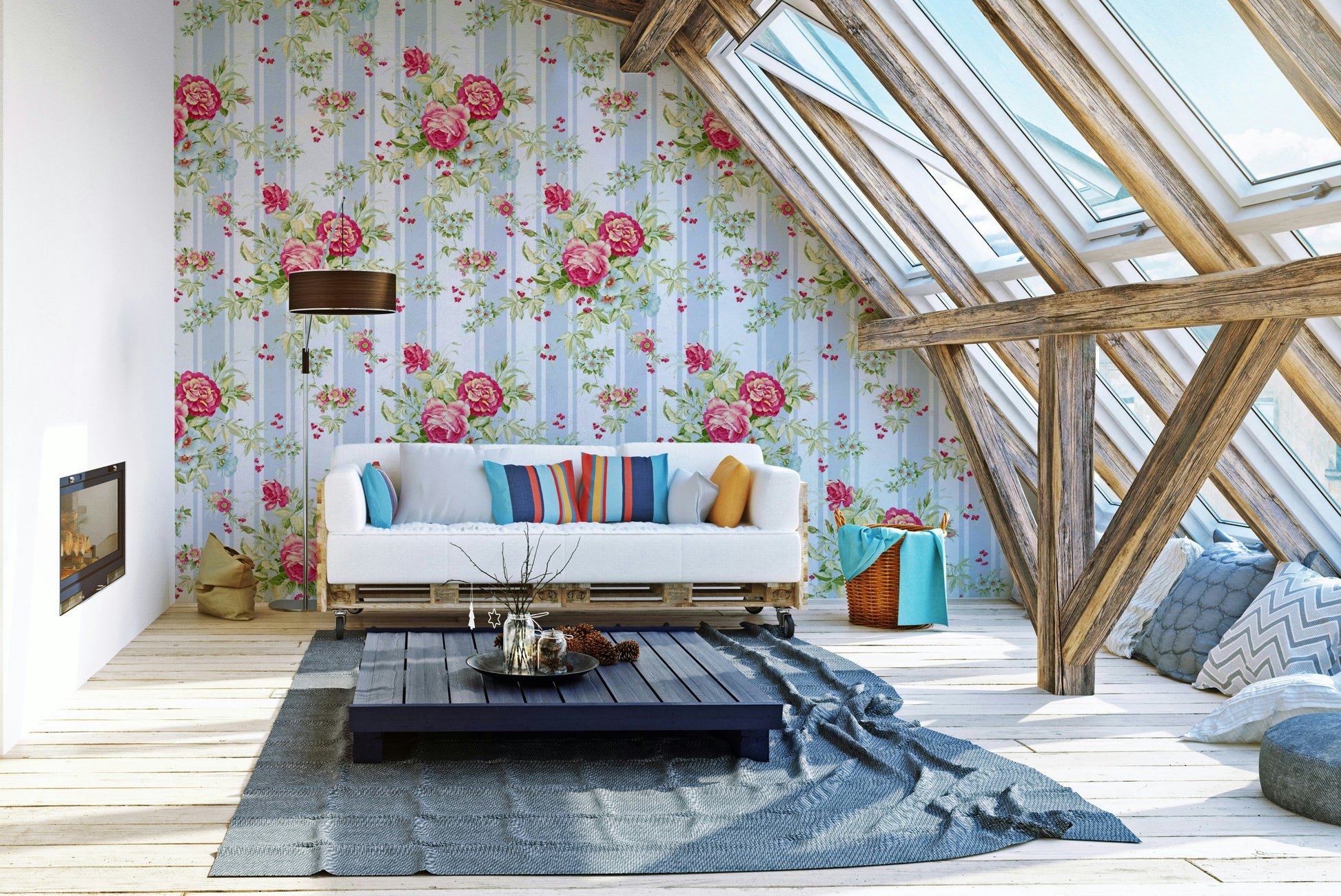 Close-up of peach and pink roses on striped garden mural.

