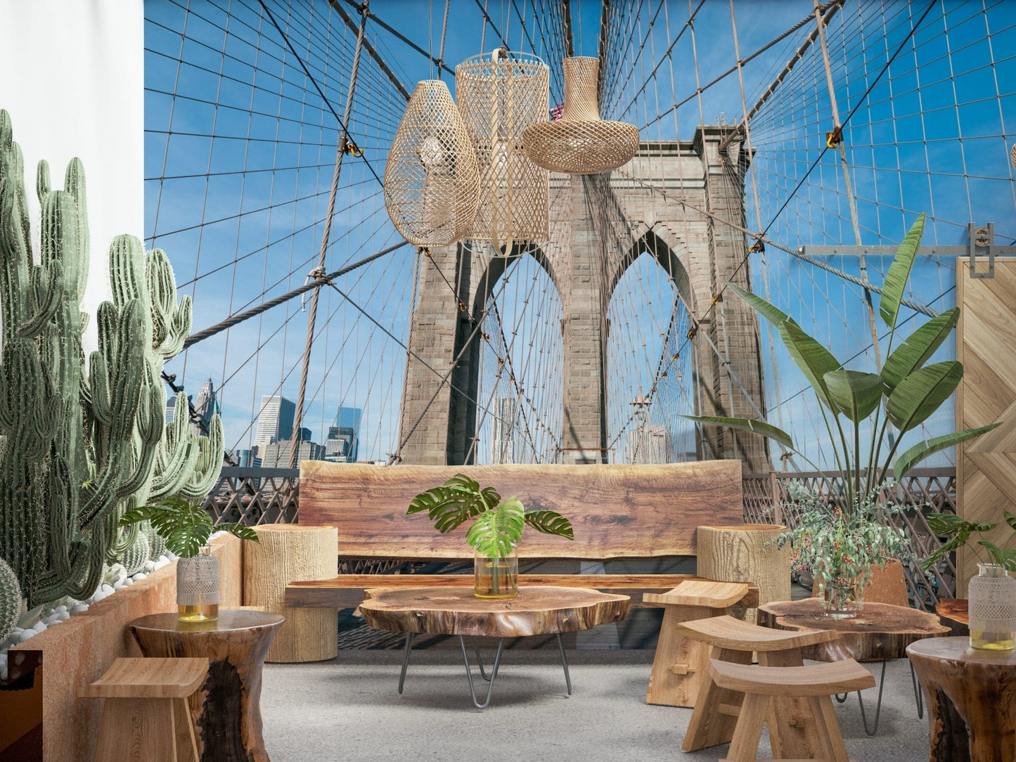 Strolling Across the Brooklyn Bridge wallpaper mural in a cafe lounge with live-edge wood tables, stools and a cactus