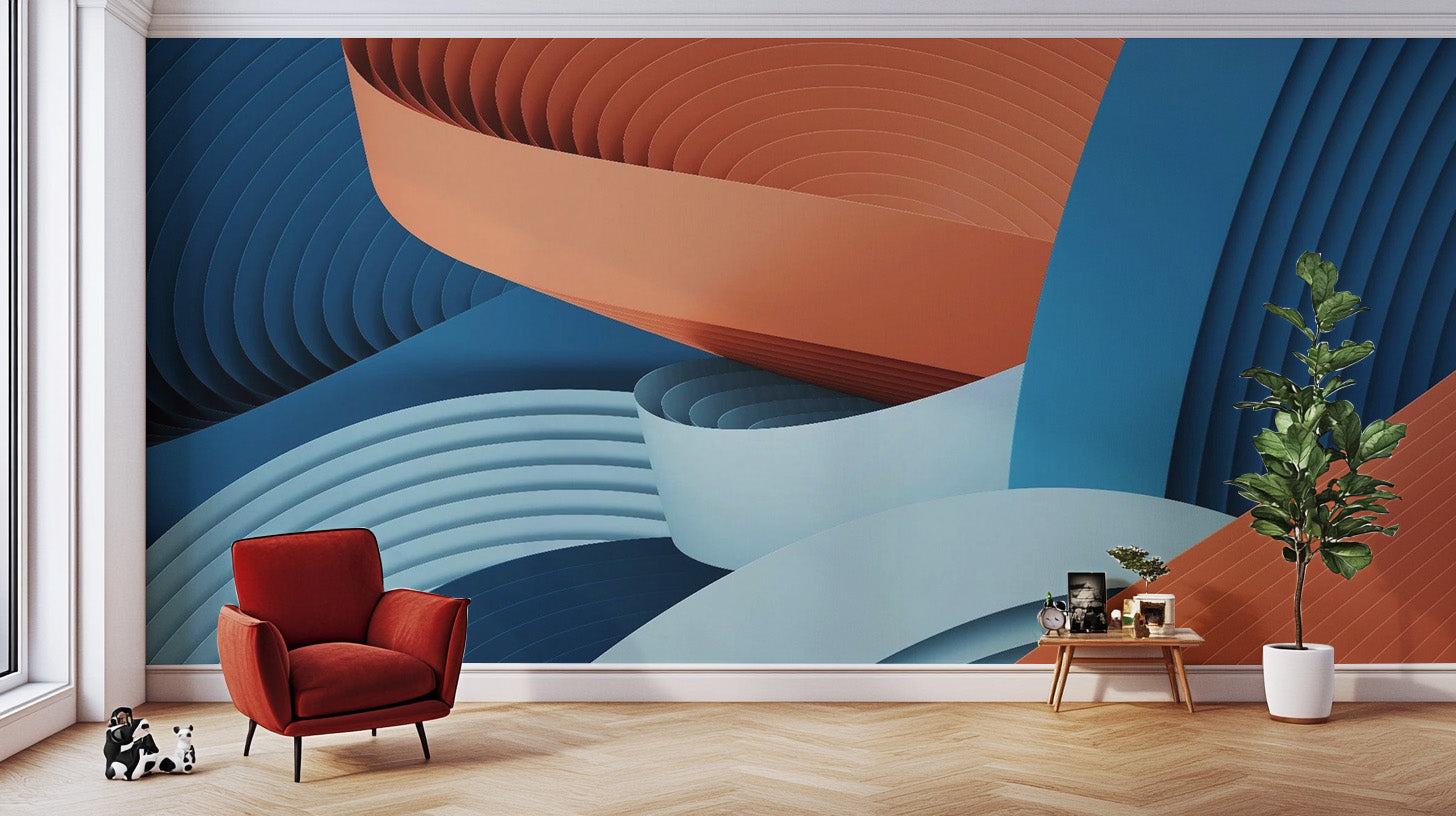 Stunning Strips wallpaper mural styled along a hallway feature wall near a console