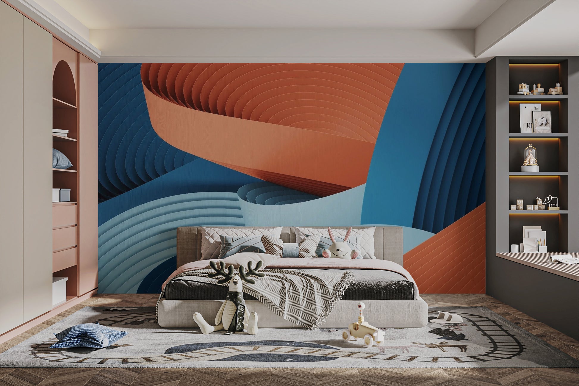 Stunning Strips wallpaper mural as a bedroom feature wall behind the headboard