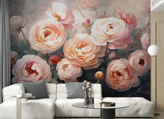 Beautiful ranunculus pink flower mural wallpaper for a calming space.