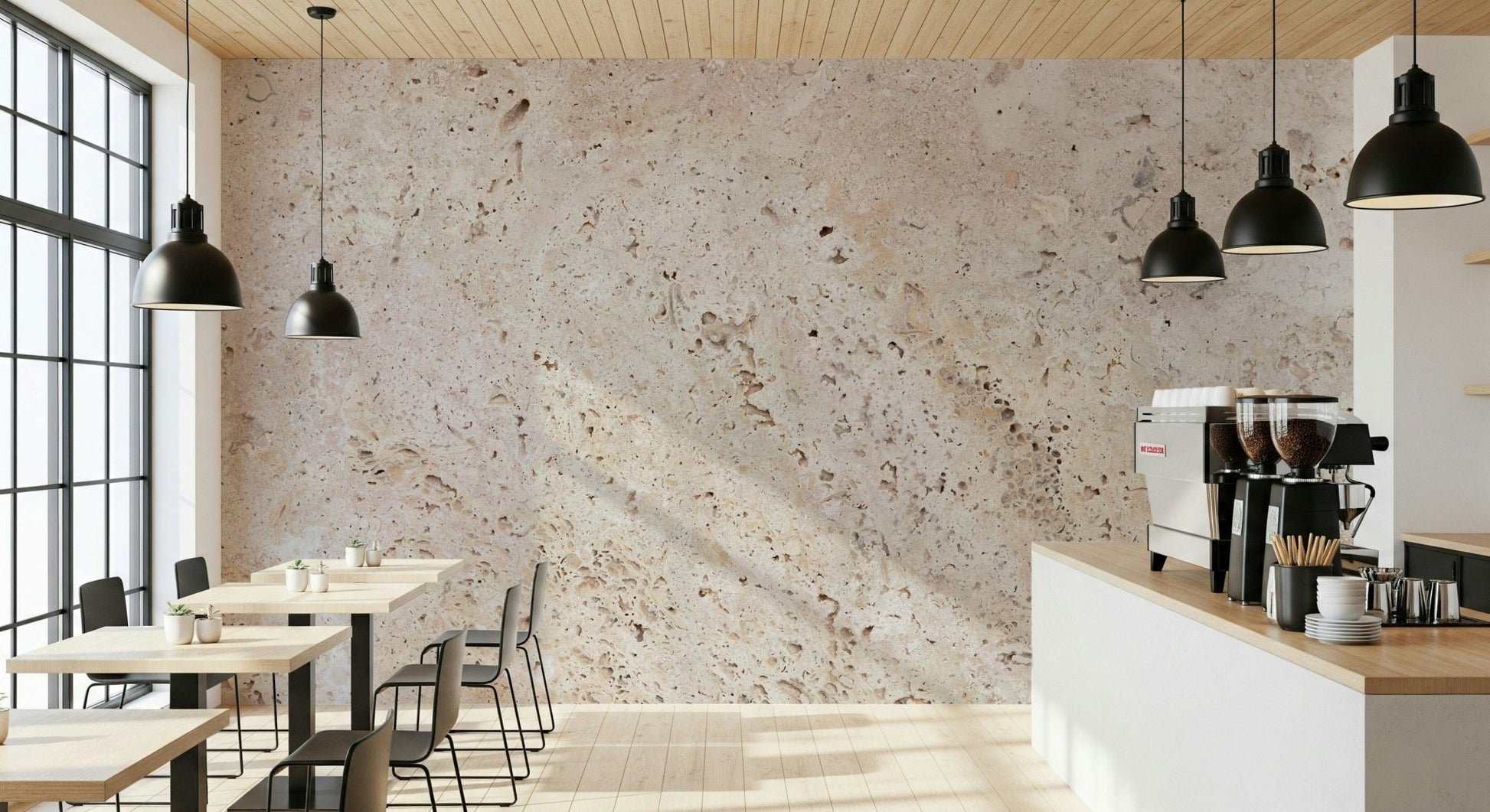 Soft beige stone texture wallpaper adding warmth and natural depth to living spaces or offices.