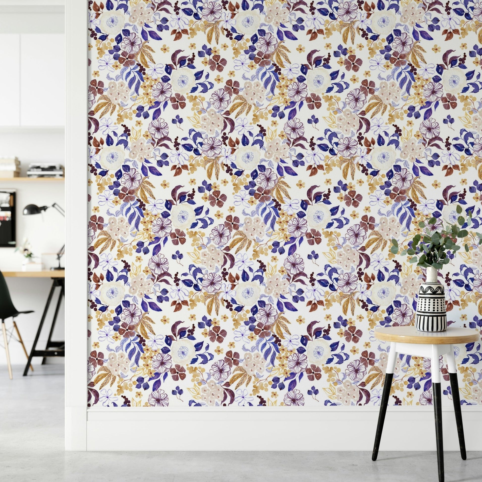 Delicate botanical print wallpaper in muted tones

