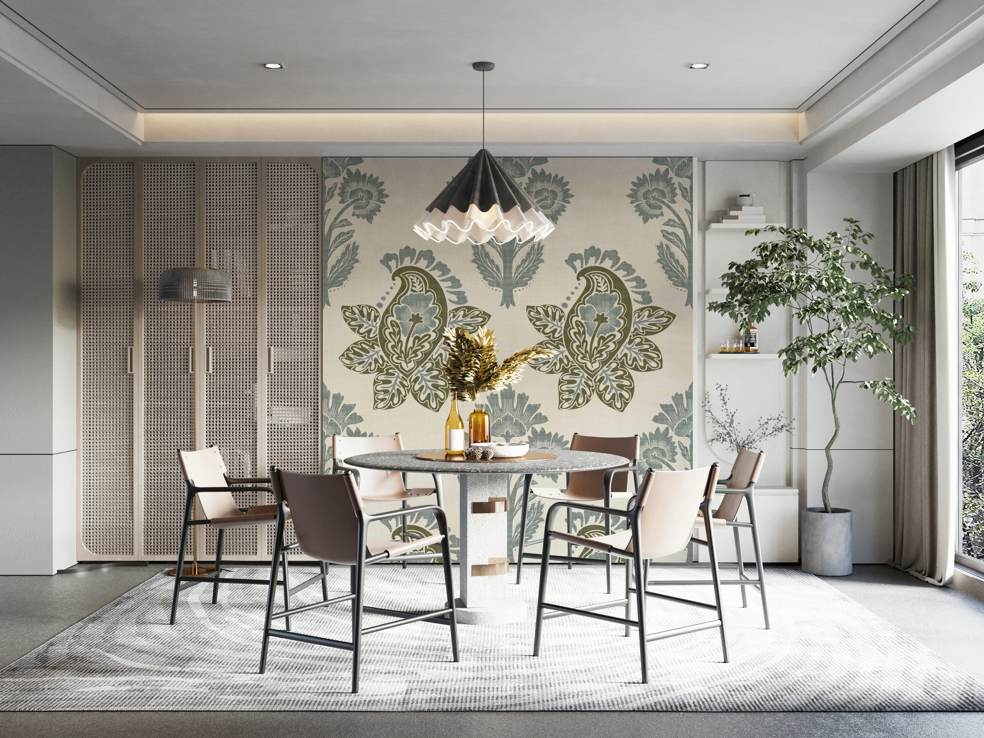 Neutral wallpaper with subtle paisley shapes

