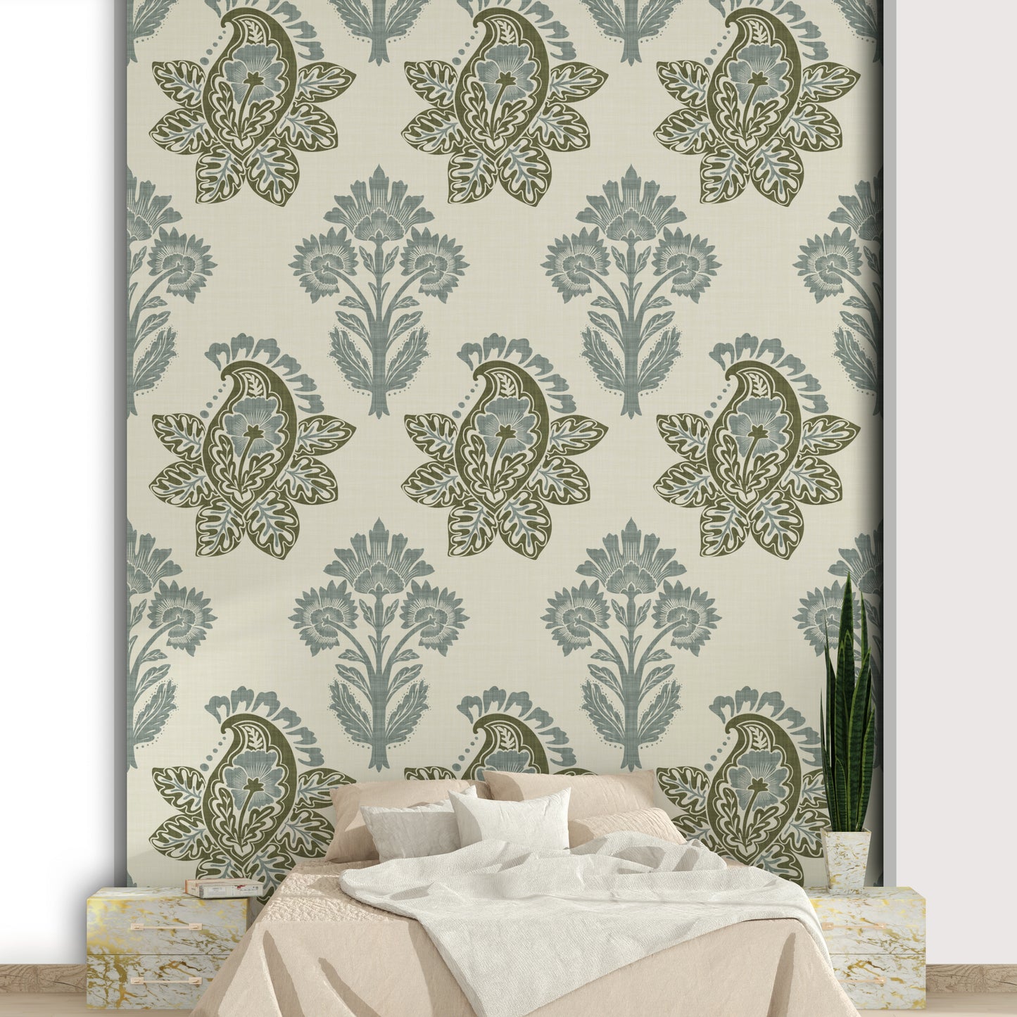 Soft pattern wallpaper with botanical paisleys

