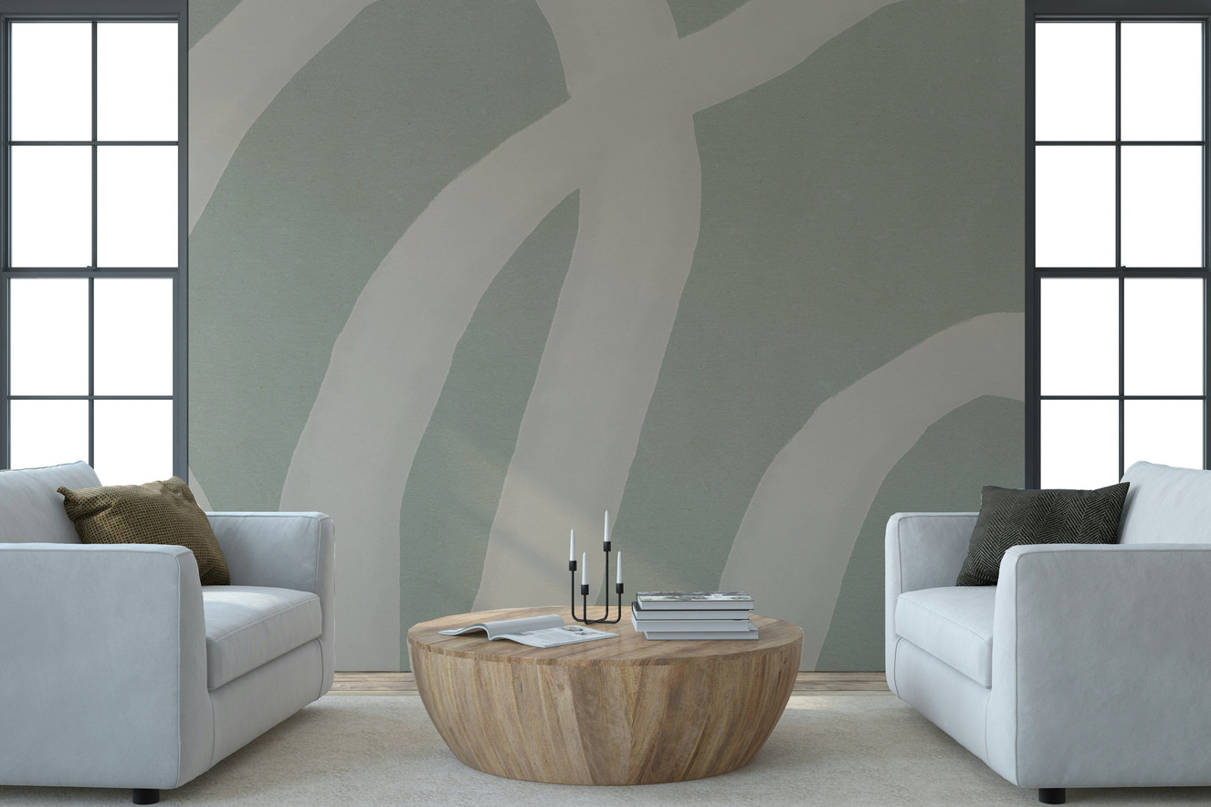 A contemplative fluid design wallpaper mural for a feature wall.