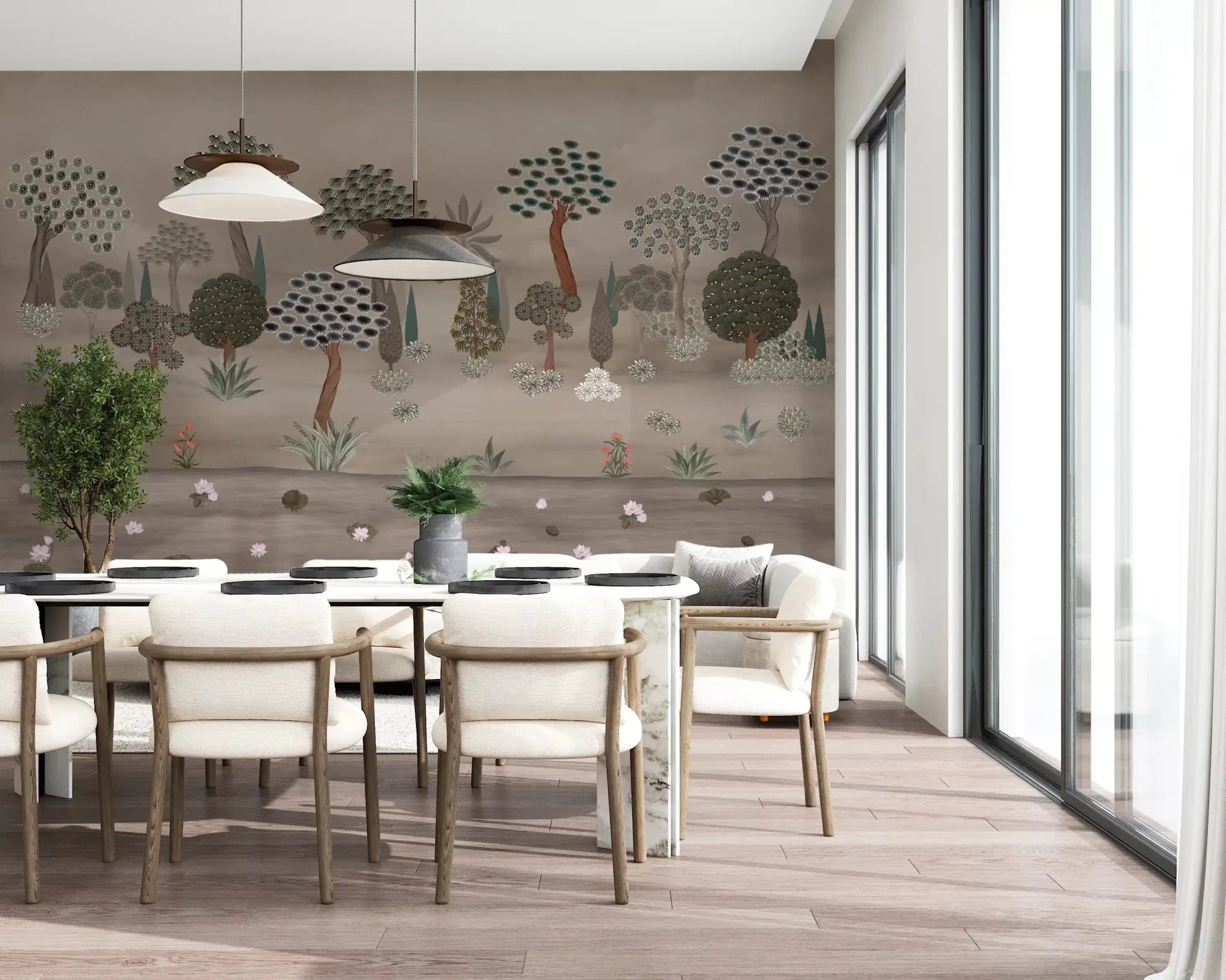 Dining room Subtle Eastern Garden wall mural with soft botanical forms
