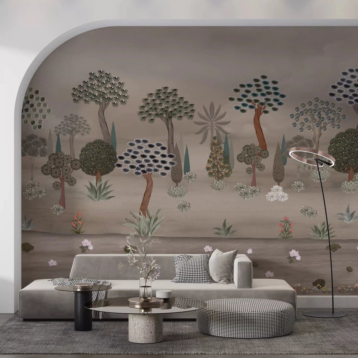 Subtle Eastern Garden wall mural in living room with muted trees