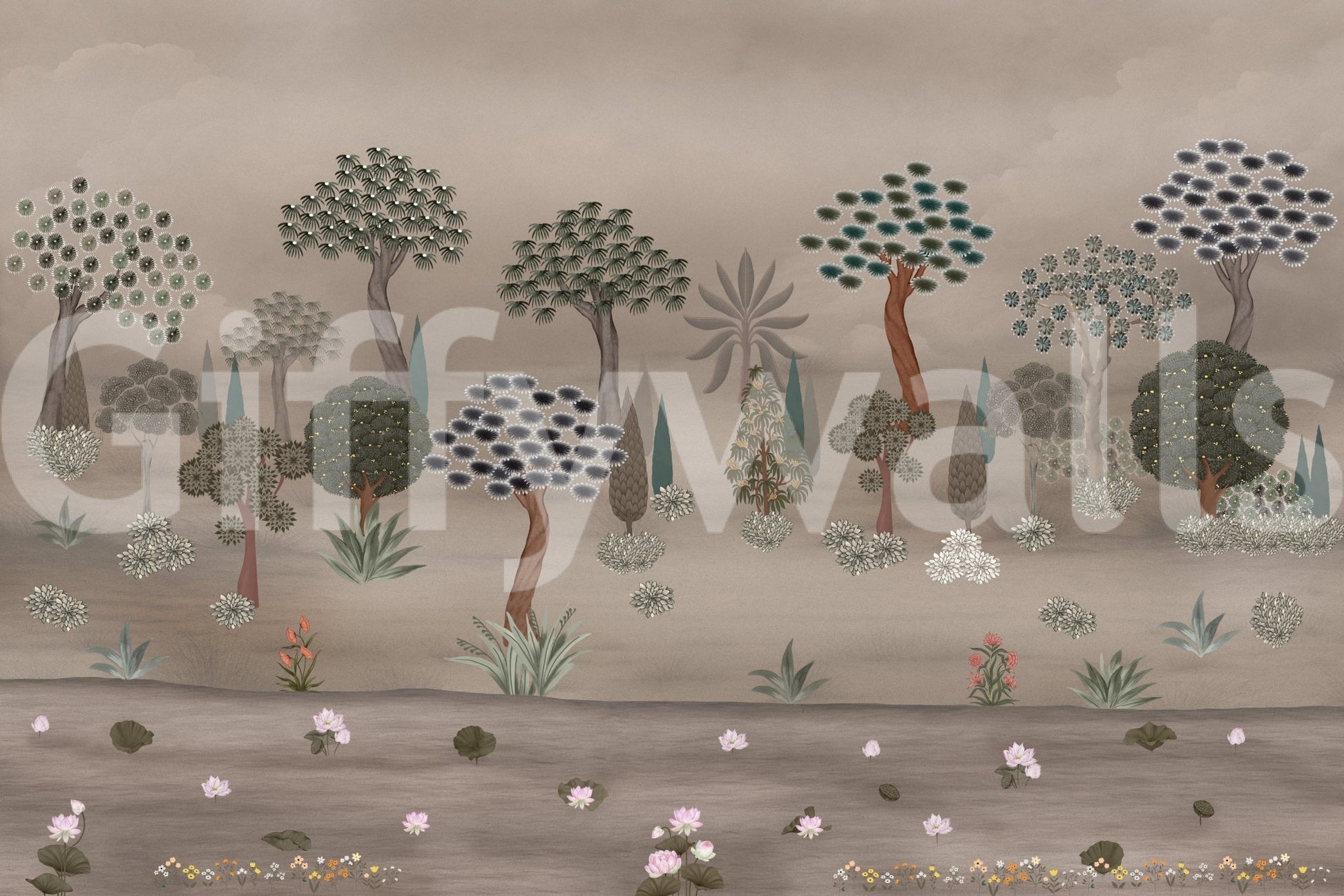 Soft eastern landscape wall mural with trees and ground florals