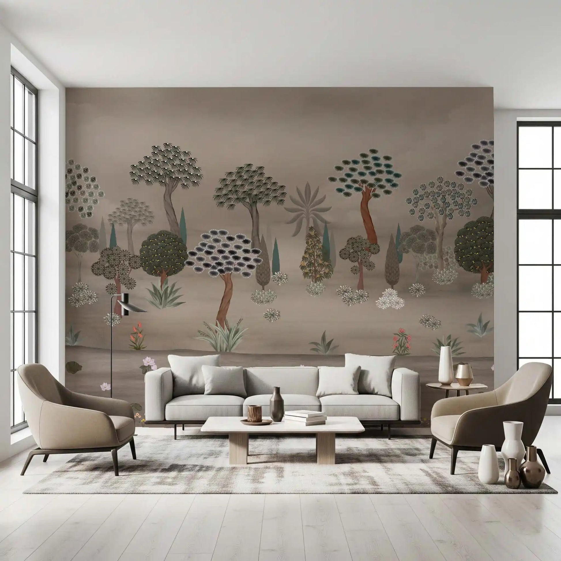 Subtle Eastern Garden wall mural showing decorative woodland forms