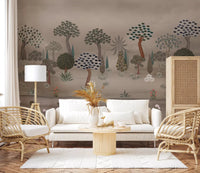 Calm botanical wall mural with layered trees and floral accents