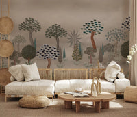 Eastern garden landscape wall mural in soft taupe and sage tones