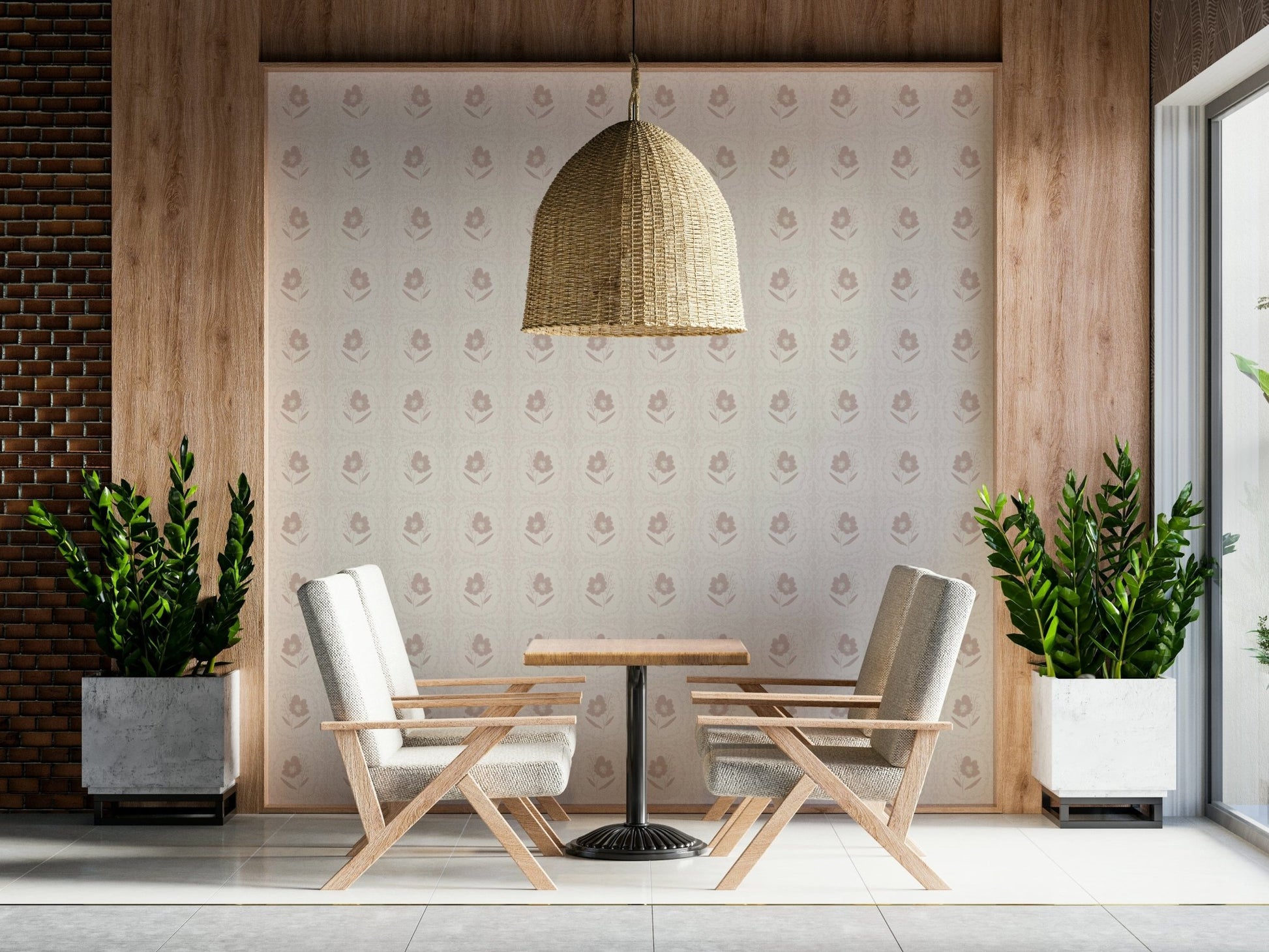 A delicate floral wallpaper featuring small repeating blossoms in soft beige tones.