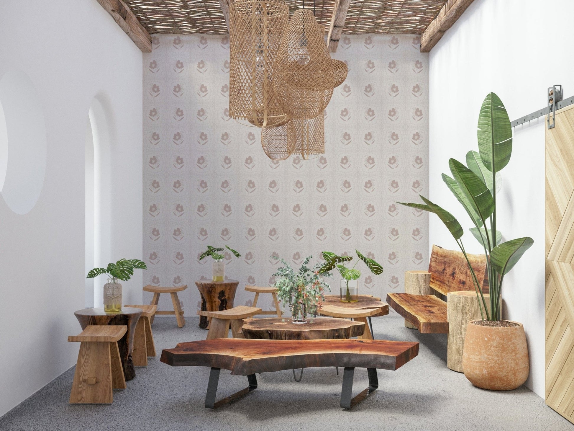 Soft vintage-style flowers spaced evenly across a warm neutral wallpaper background.