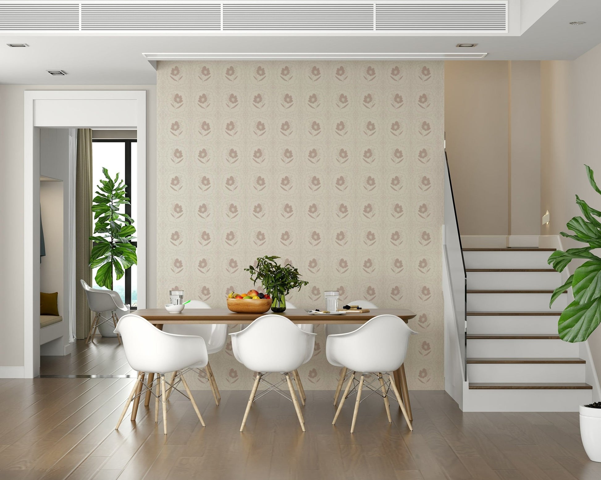 Subtle beige flowers arranged in a gentle repeating pattern across a serene wallpaper design.