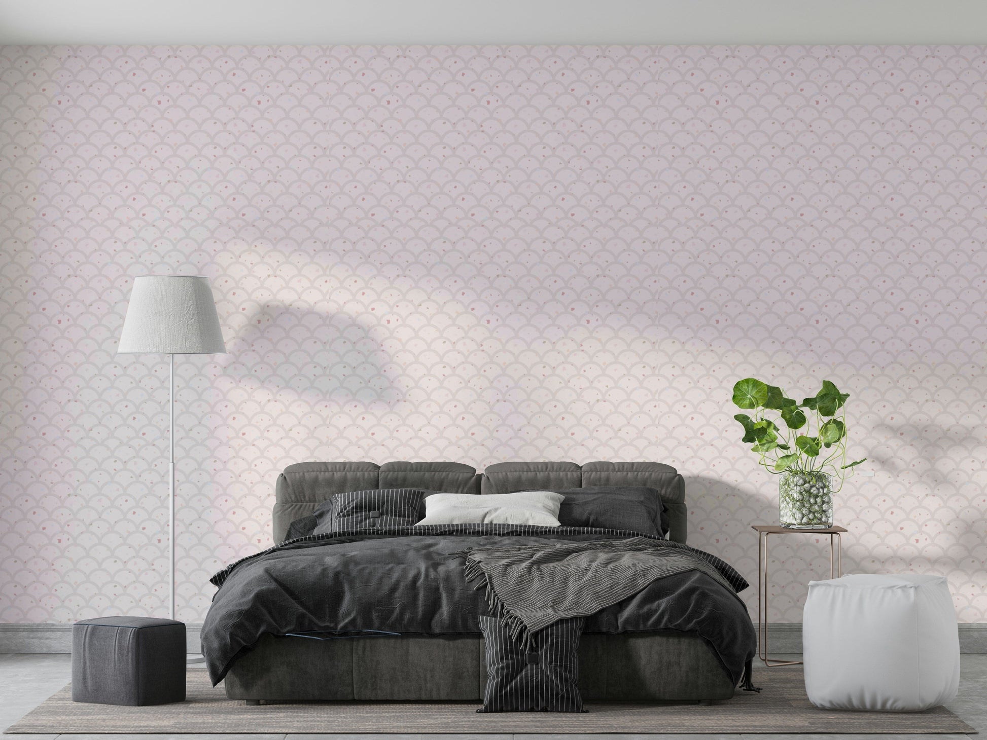 Neutral tone arched pattern wallpaper in a small entryway to create an inviting feel.
