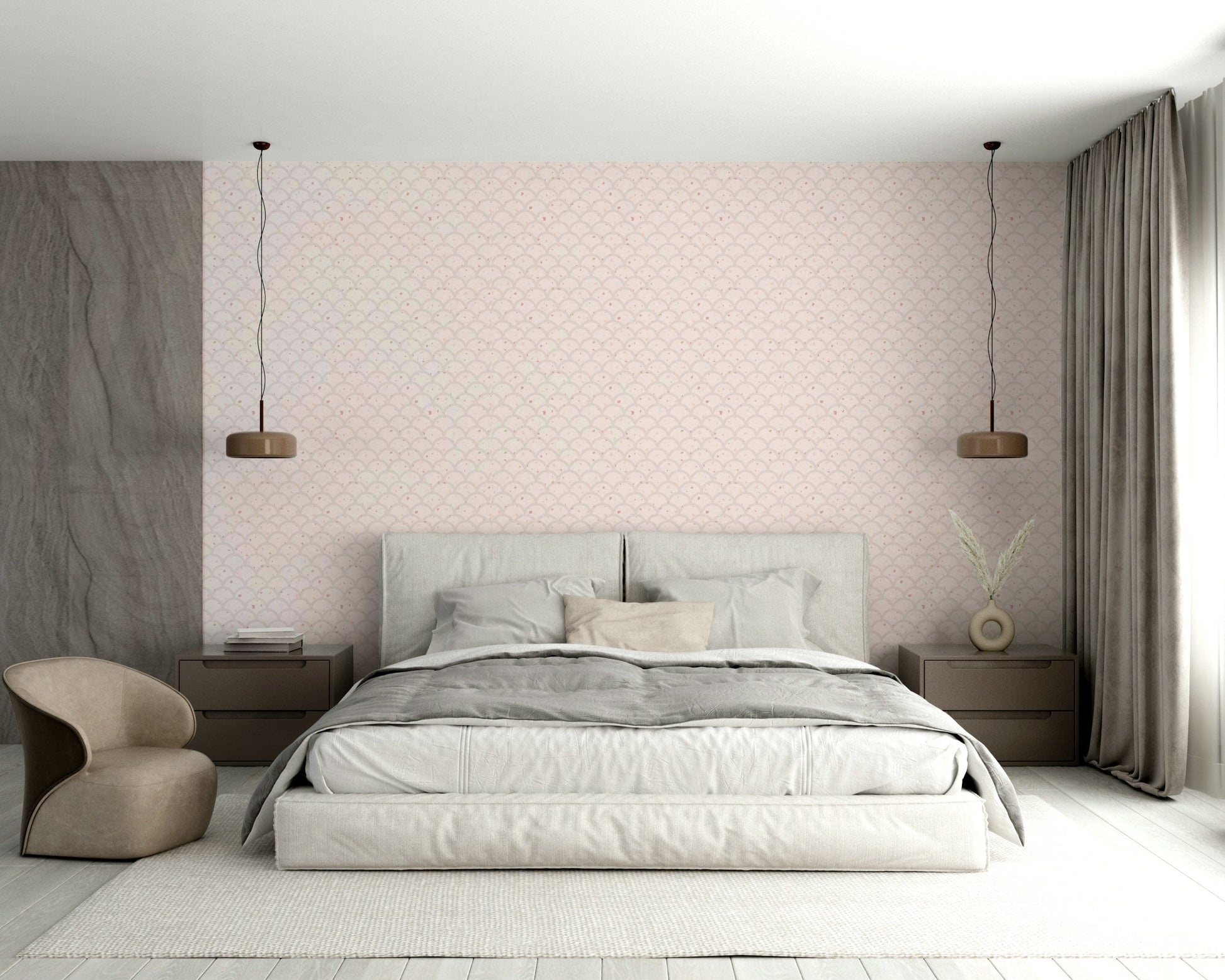 Close-up of the smooth matte finish on the Subtle Scallops Wallpaper in a home office.