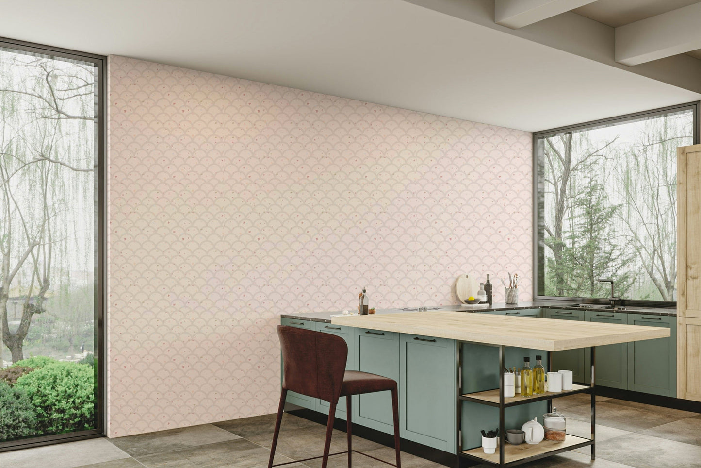Subtle Scallops Wallpaper behind a velvet headboard in a high-end master suite.