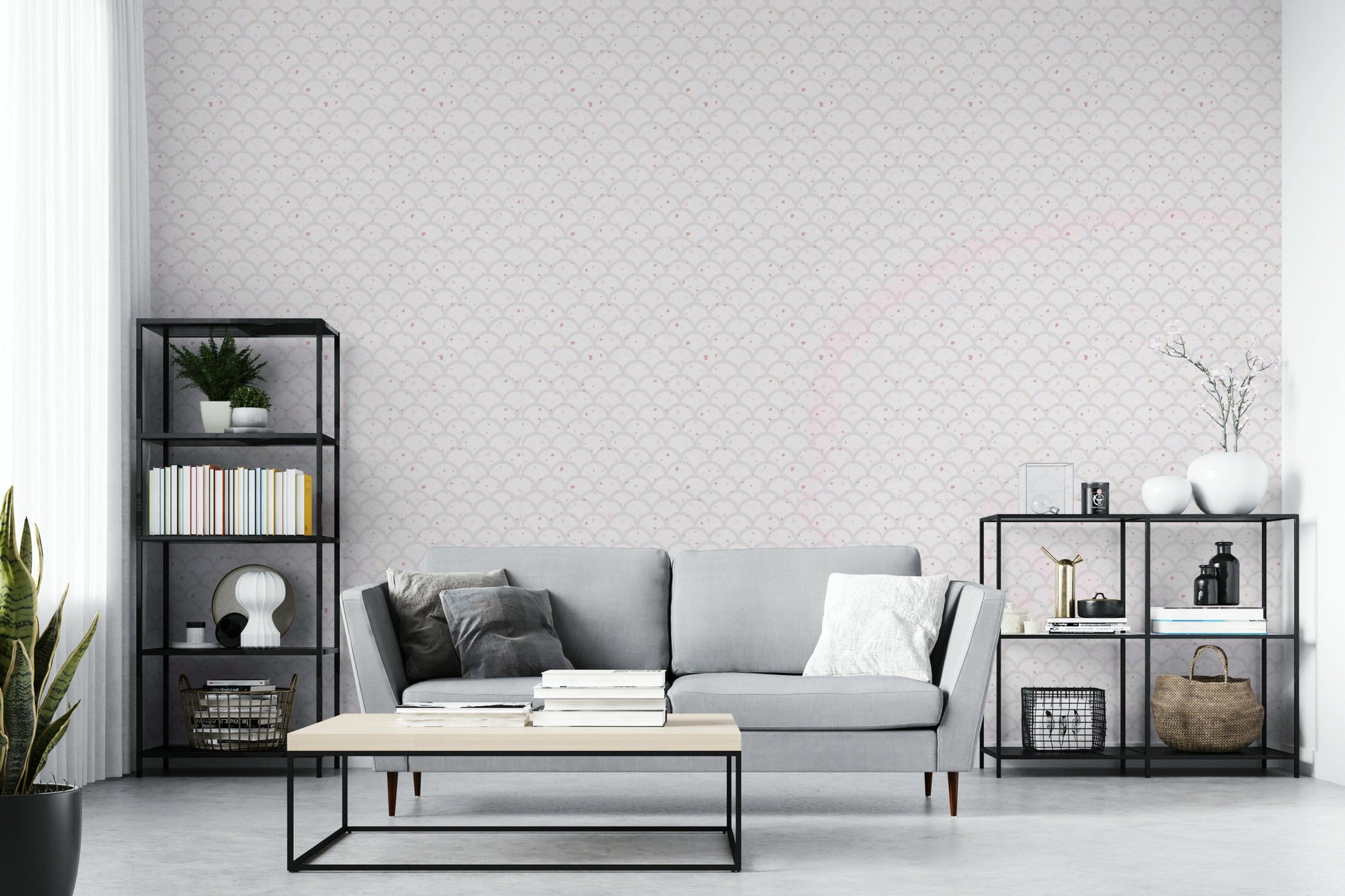 Minimalist art deco wall decor featuring a repeating cream shell pattern in a bedroom.