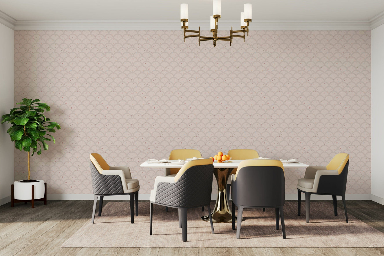 Modern geometric wall covering with thin gold lines for a sophisticated studio apartment.