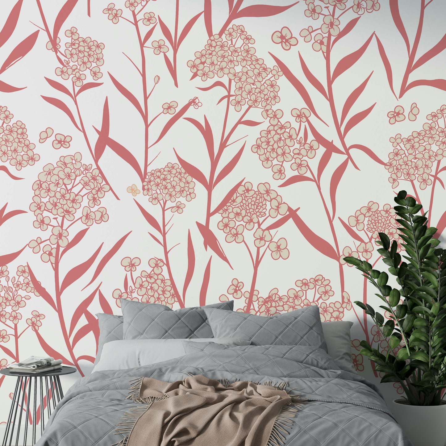 Close-up of pastel flower wallpaper with off-white blooms