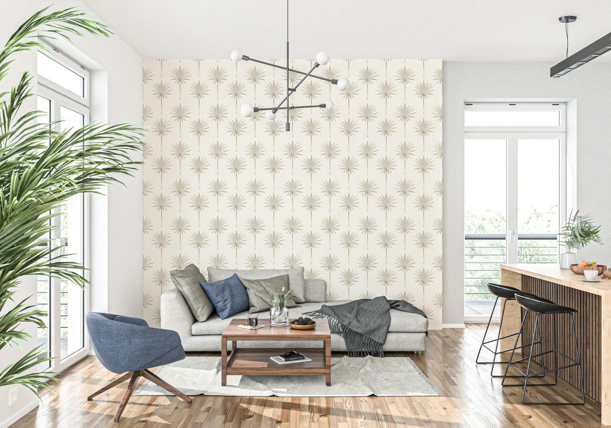 A beige tropical wallpaper decorated with understated palm tree shapes for a soft, elegant style.
