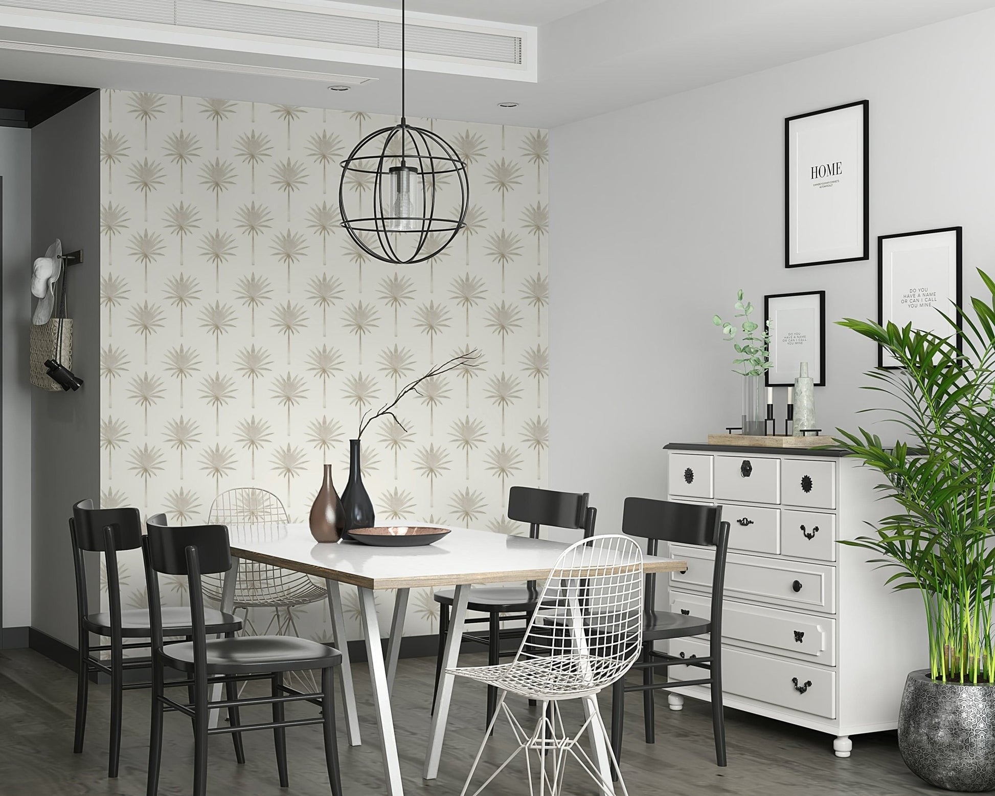 A neutral-toned wallpaper featuring repeated palm motifs for a light tropical vibe.