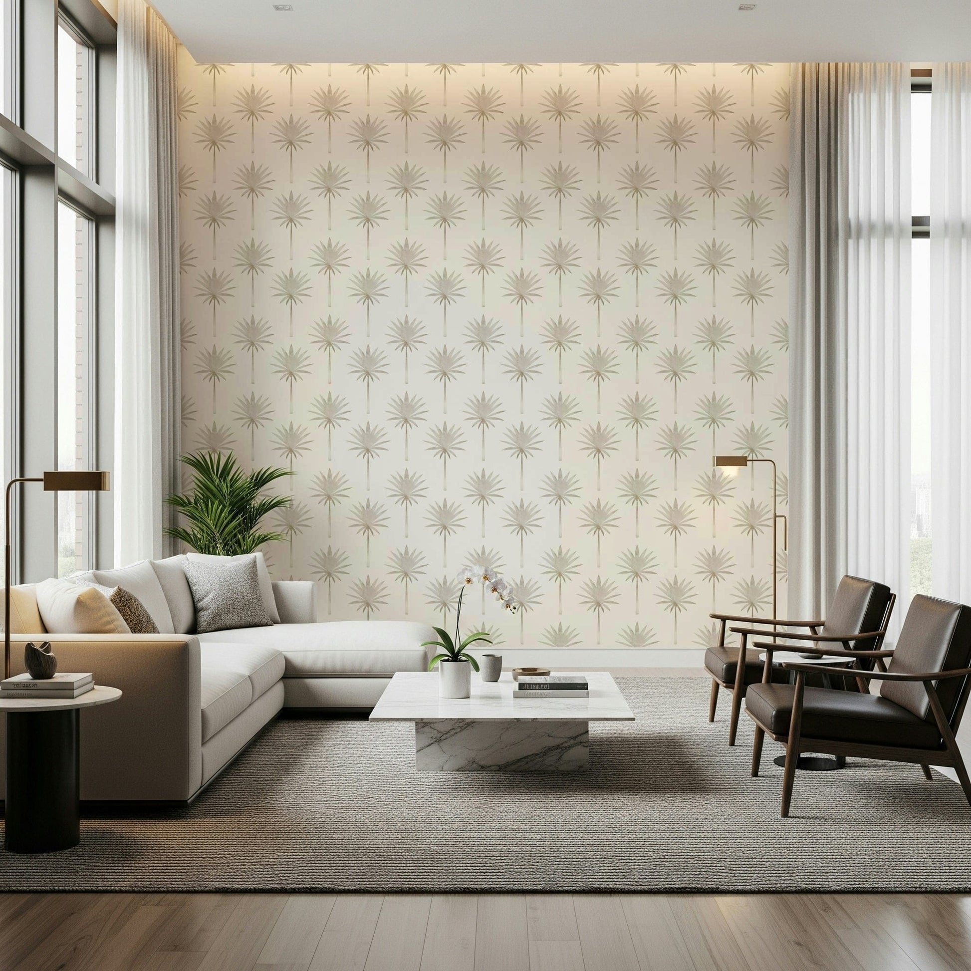A gentle tropics wallpaper displaying muted palm silhouettes in a repeated design.