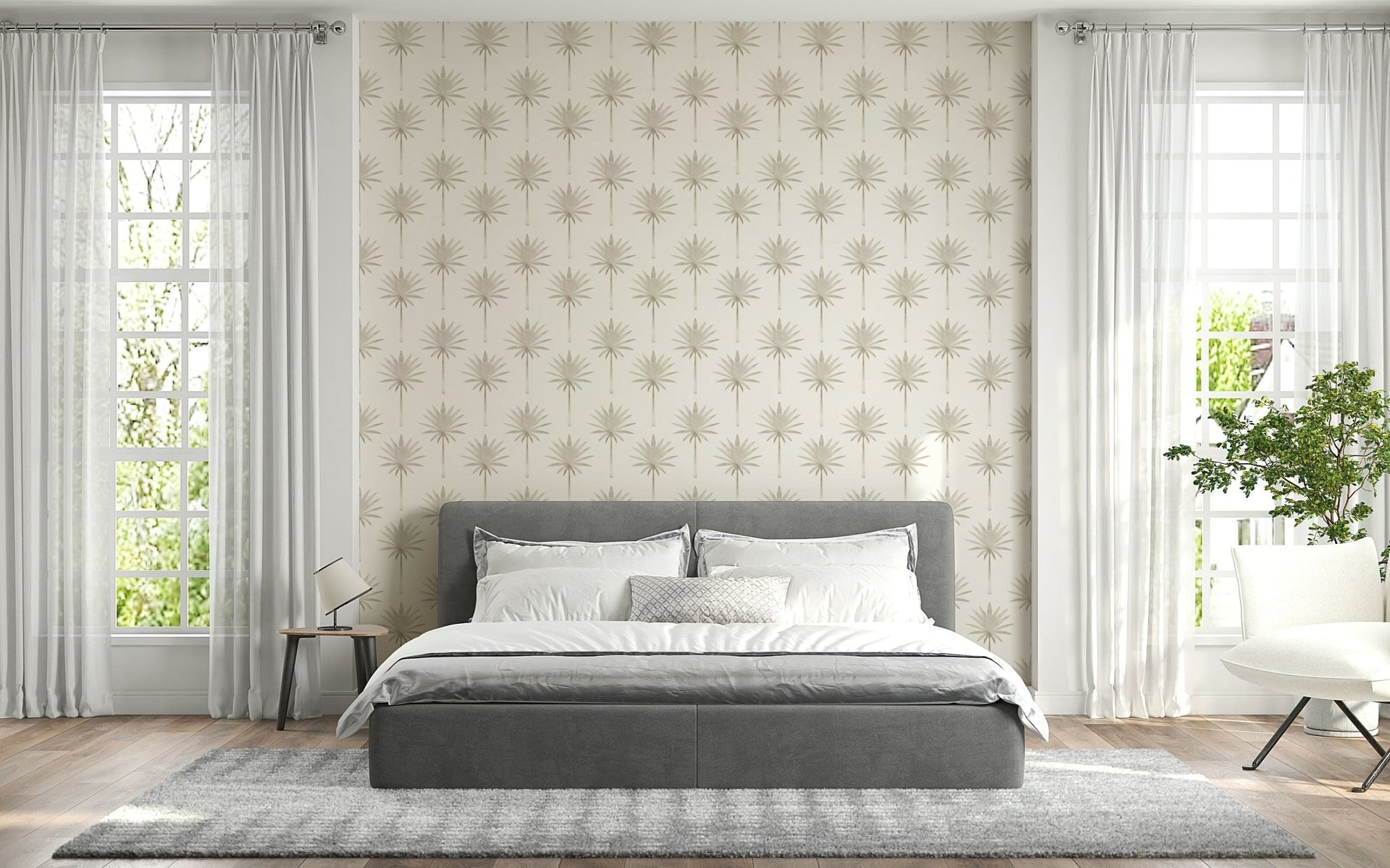 A calming wallpaper with subtle tropical palm patterns perfect for modern, serene interiors.
