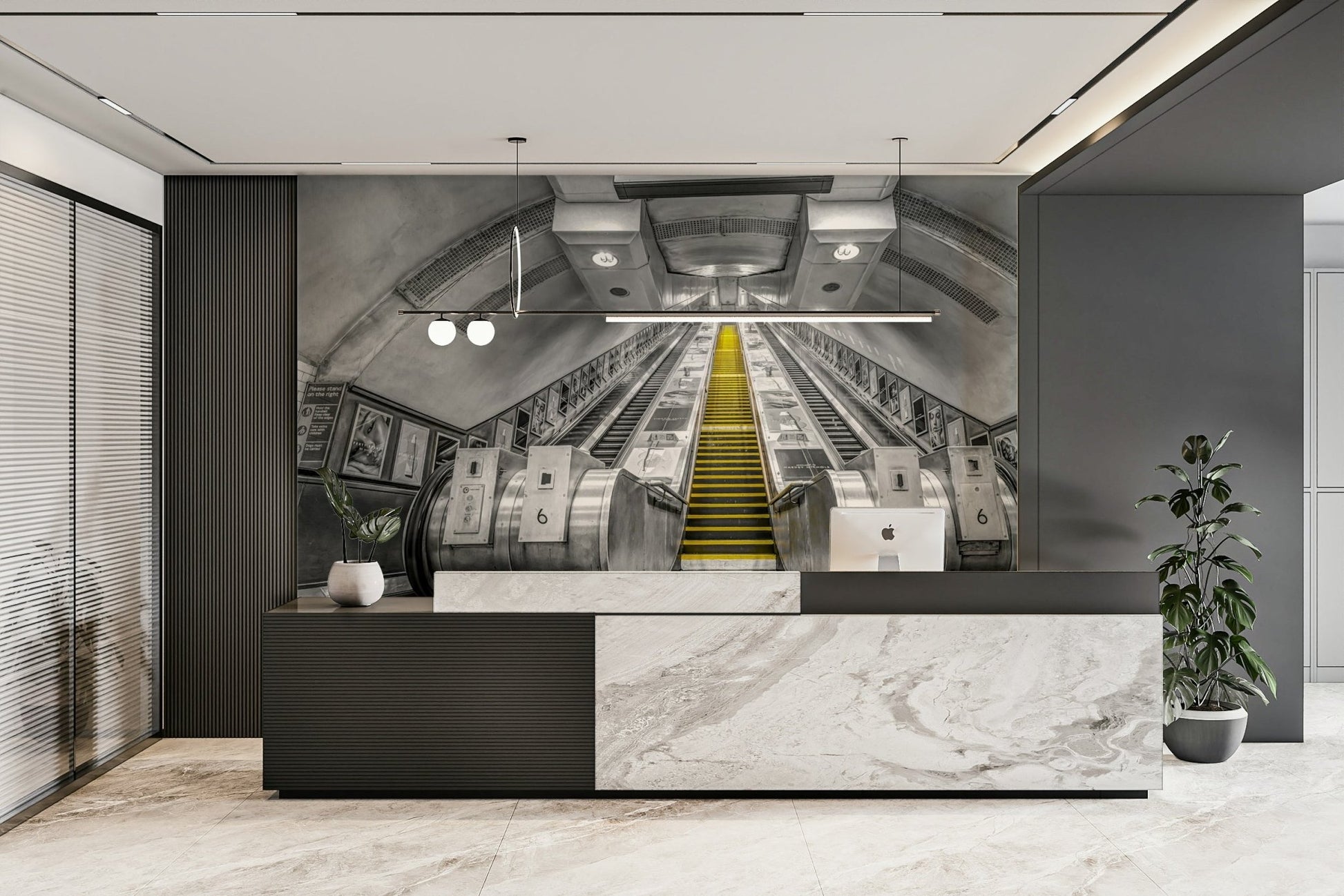 Subway escalator mural with dramatic monochrome style

