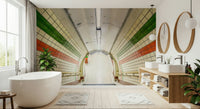 Urban transit wallpaper depicting a descending tiled corridor marked by red and green stripes.