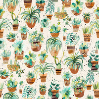 Nature-inspired wallpaper with green succulents and minimalist pots.

