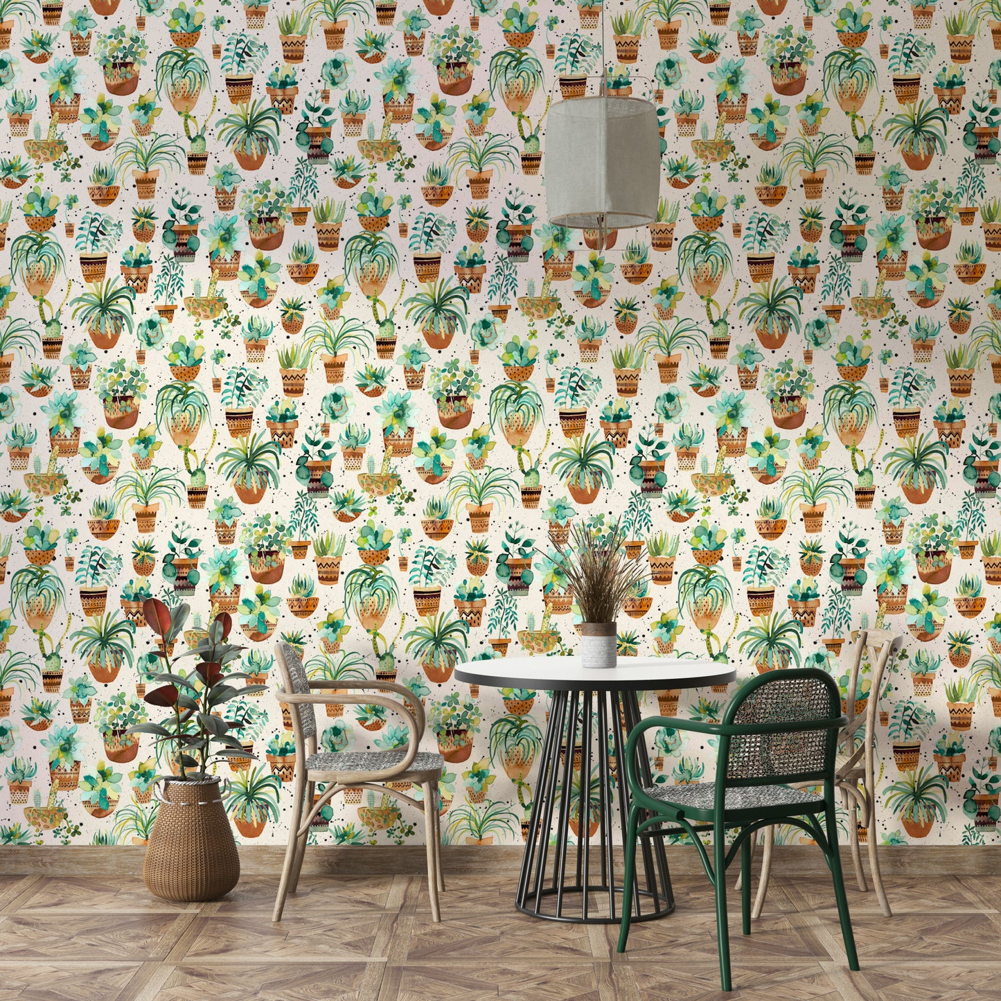 Fresh and organic wallpaper with colorful succulents in home pots.

