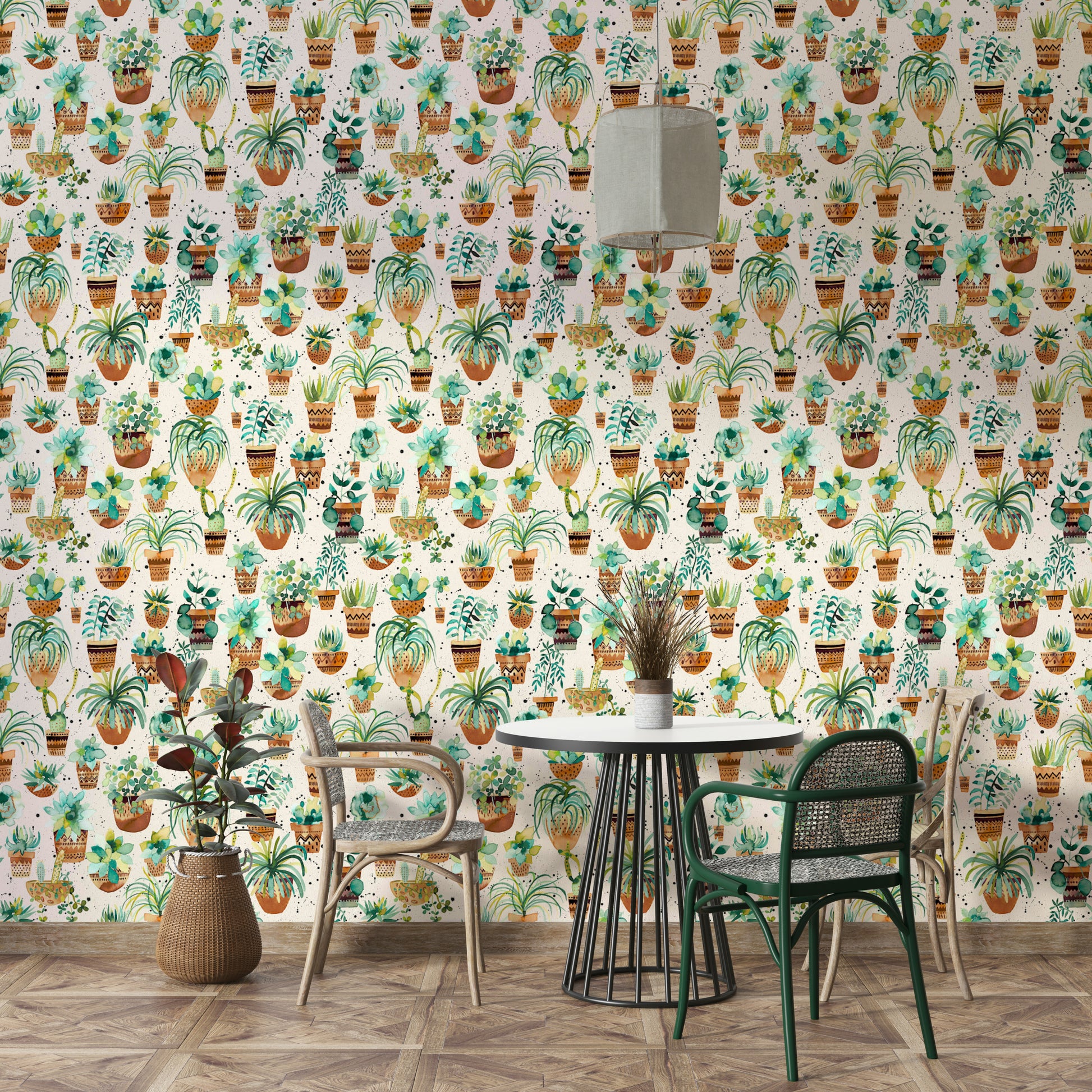 Fresh and organic wallpaper with colorful succulents in home pots.

