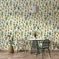Fresh and organic wallpaper with colorful succulents in home pots.

