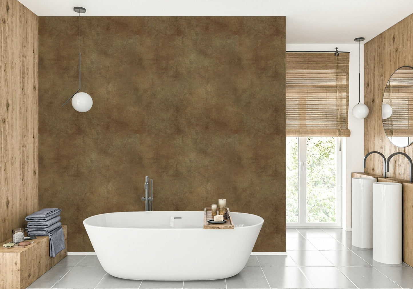Faux leather wallpaper in tobacco brown finish

