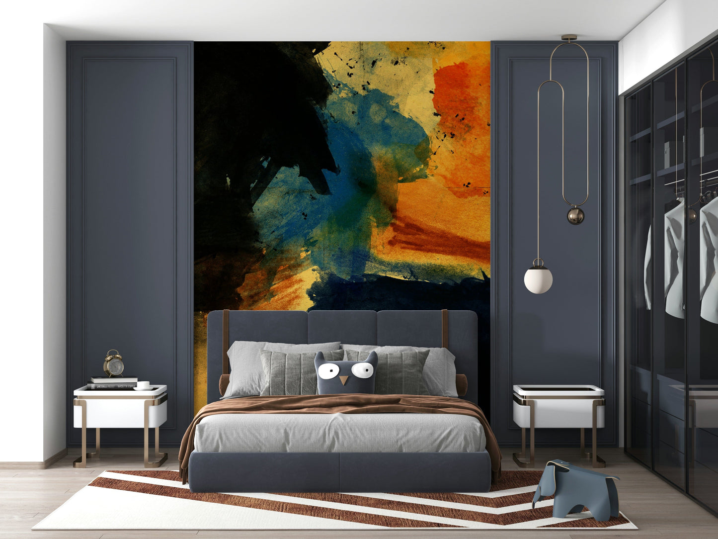 A calming abstract design wallpaper mural that defines a space.
