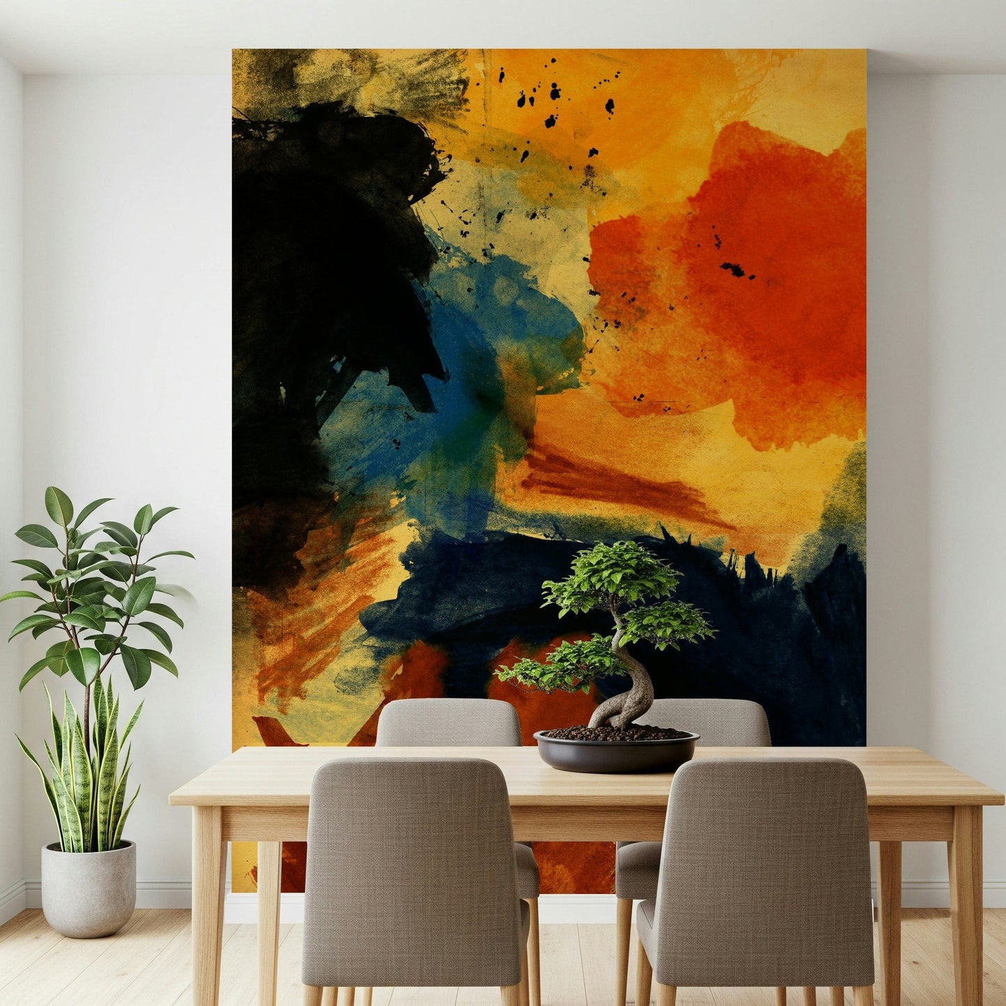 A peaceful modern abstract mural on decorative wallpaper.