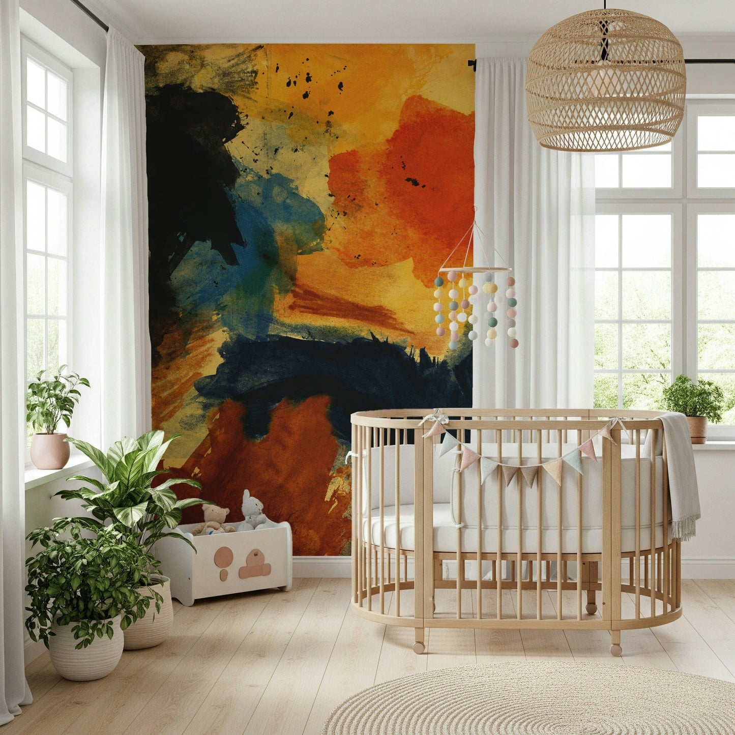 An artistic bright abstract mural on minimalist wallpaper.