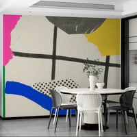 Lively summer-themed collage wallpaper creating a bright, welcoming space


