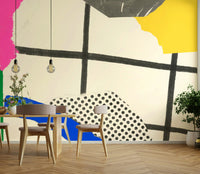 Vibrant summer collage mural with fruit, flowers, and landscapes

