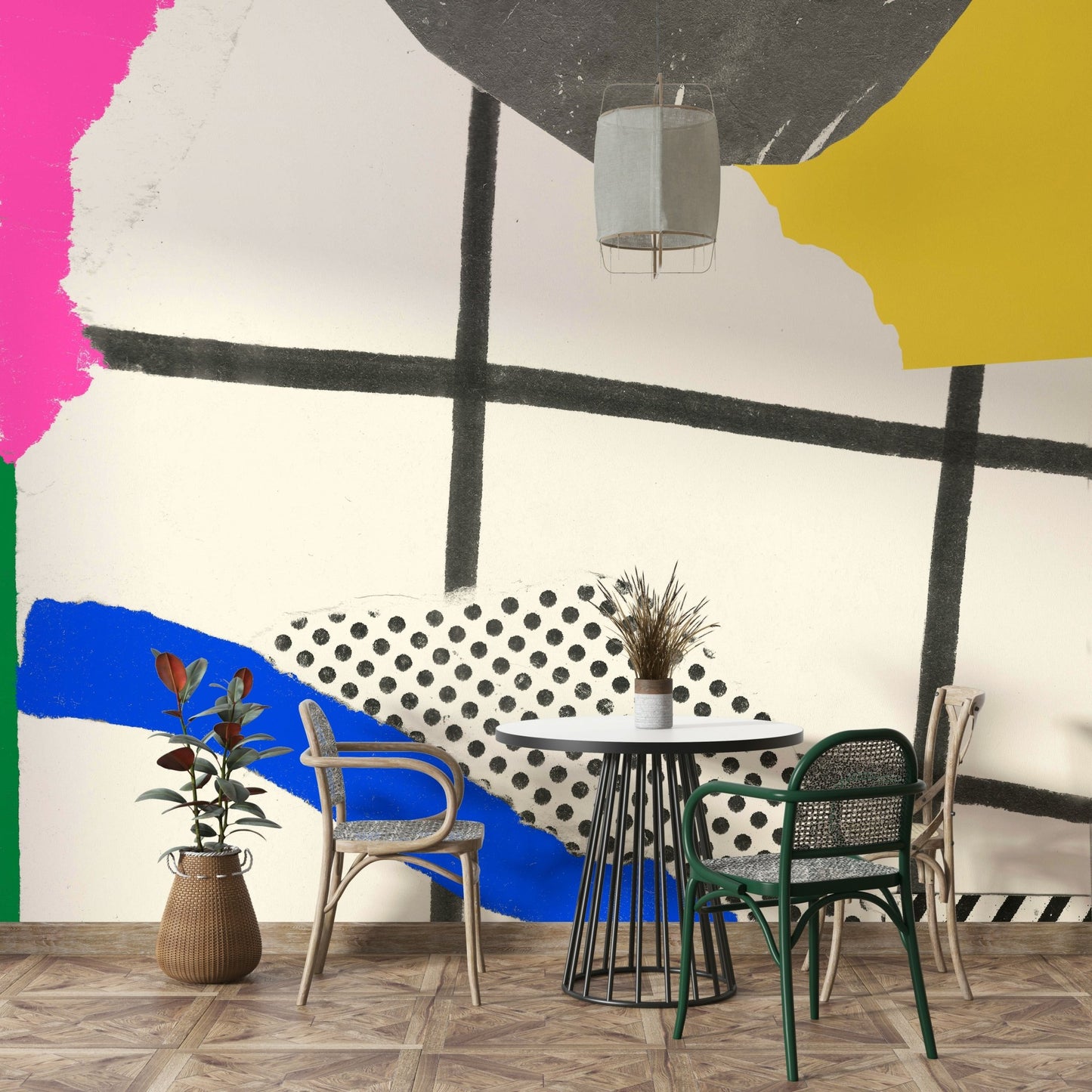 Colorful summer collage mural featuring sun, flowers, and beach

