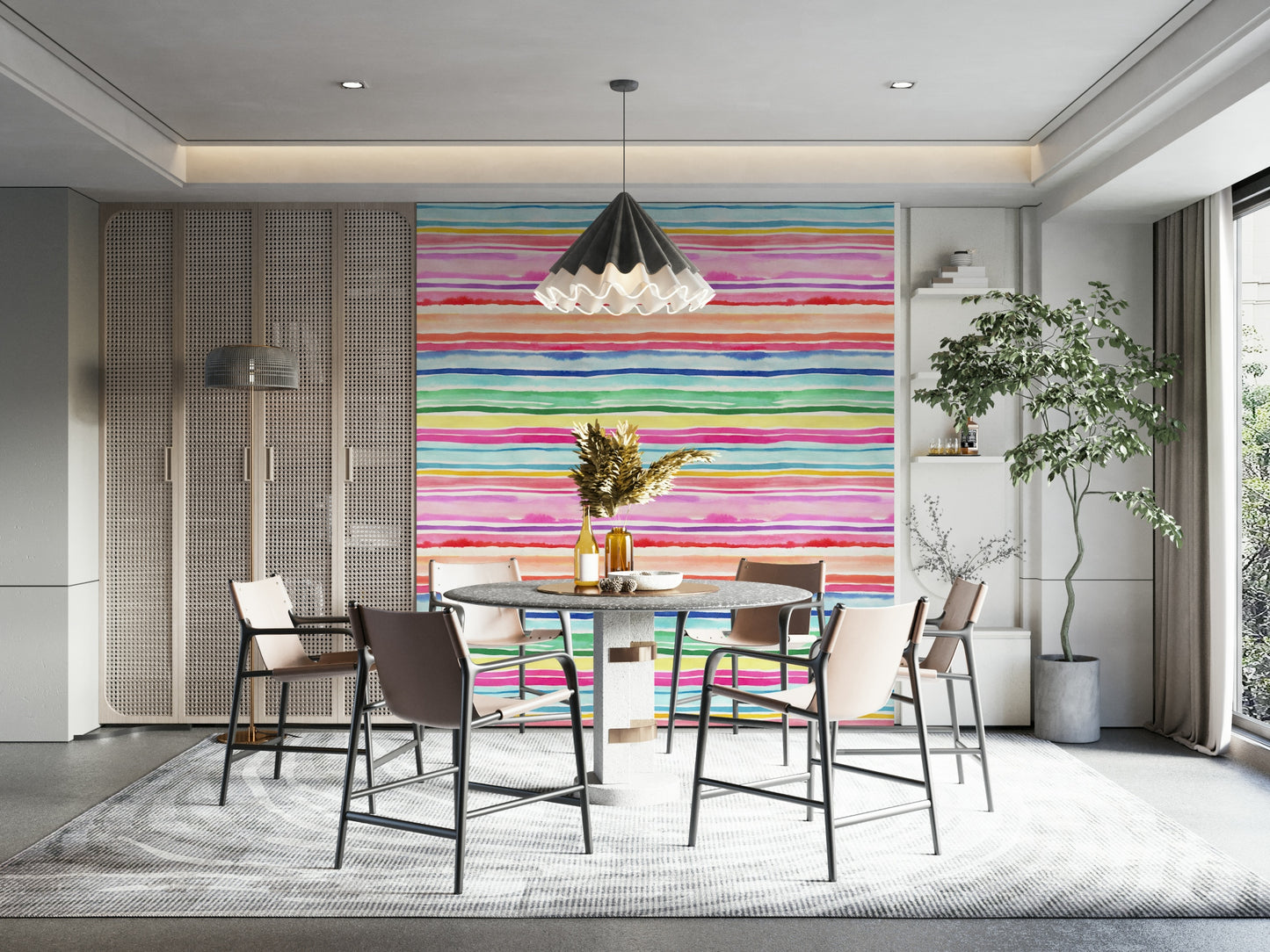 Bold multicolor striped mural with fun, bright hues for any space.

